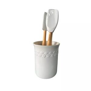 Le Creuset Cotton White Fleur (Flower) Utensil Holder Crock with 3 Utensils Set